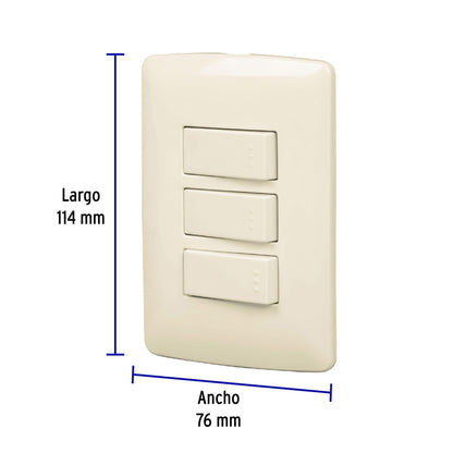Placa armada con 2 interruptores sencillos y 1 interruptor de escalera de 125 V y 10 A con placa marfil