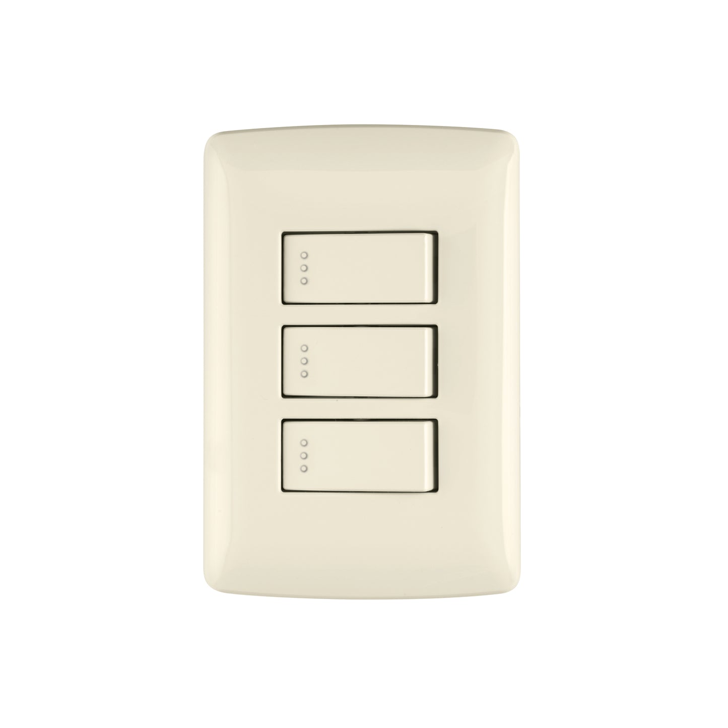 Placa armada con 3 interruptores sencillos de 125 V y 10 A con placa marfil