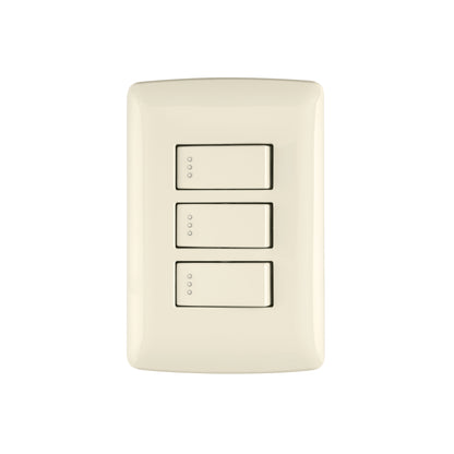 Placa armada con 3 interruptores sencillos de 125 V y 10 A con placa marfil