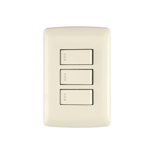 Placa armada con 3 interruptores sencillos de 125 V y 10 A con placa marfil