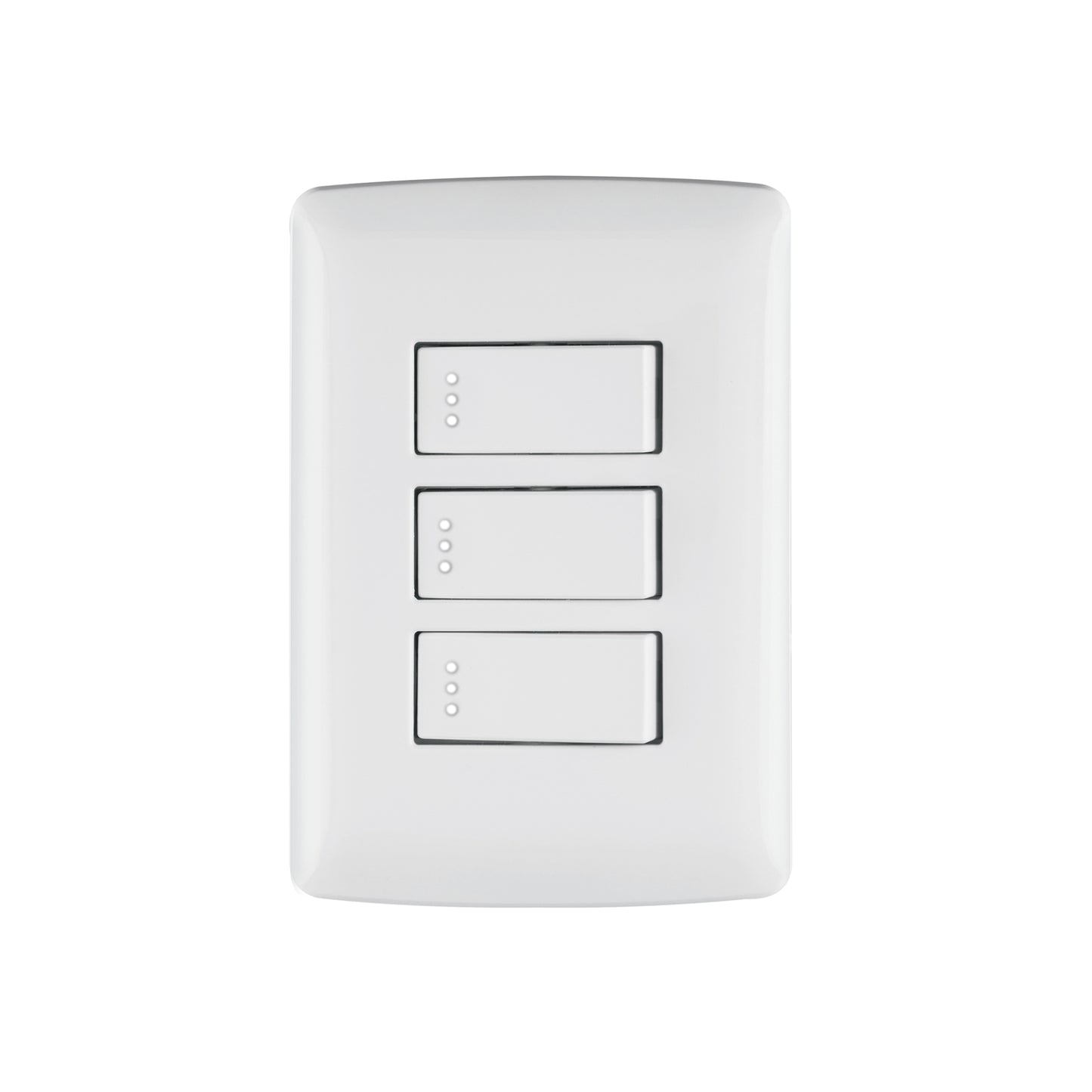 Placa armada con 3 interruptores sencillos de 125 V y 10 A con placa blanca