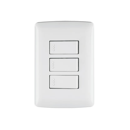 Placa armada con 3 interruptores sencillos de 125 V y 10 A con placa blanca