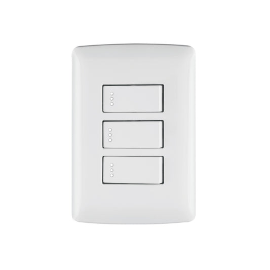 Placa armada con 3 interruptores sencillos de 125 V y 10 A con placa blanca