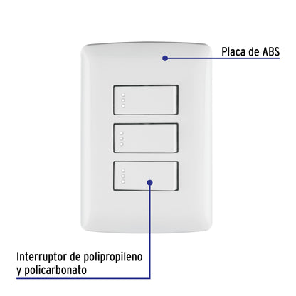 Placa armada con 3 interruptores sencillos de 125 V y 10 A con placa blanca