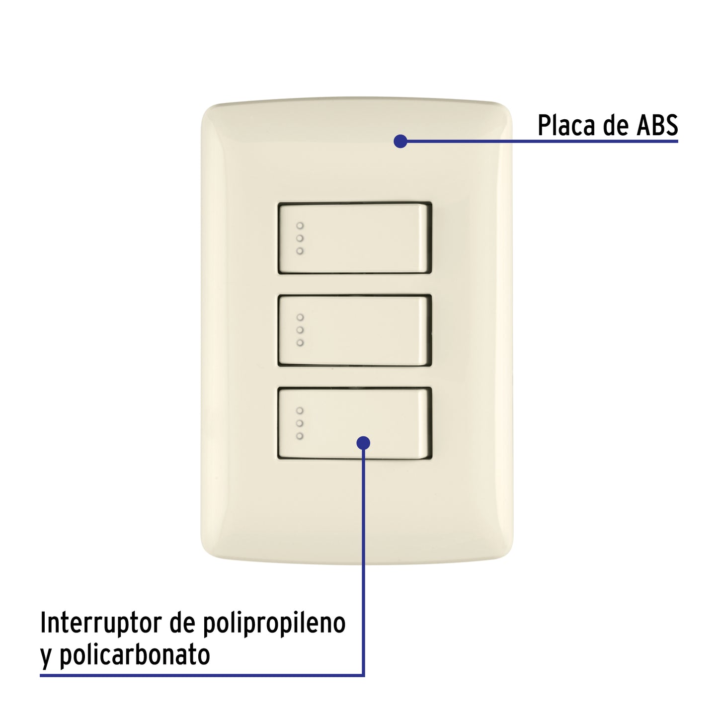Placa armada con 3 interruptores sencillos de 125 V y 10 A con placa marfil