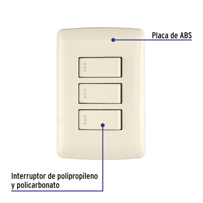 Placa armada con 3 interruptores sencillos de 125 V y 10 A con placa marfil