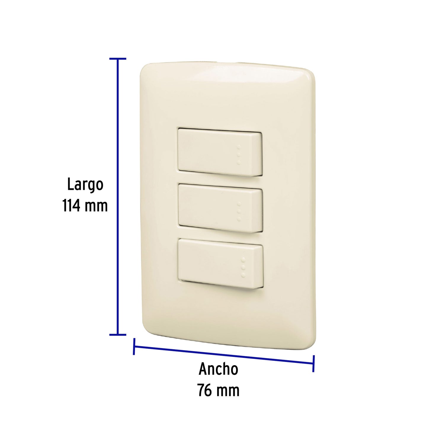 Placa armada con 3 interruptores sencillos de 125 V y 10 A con placa marfil