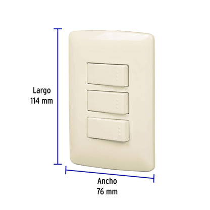 Placa armada con 3 interruptores sencillos de 125 V y 10 A con placa marfil