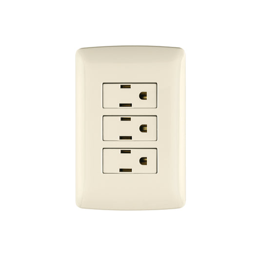 Placa armada con 3 contactos aterrizados de 127 V y 16 A con placa marfil