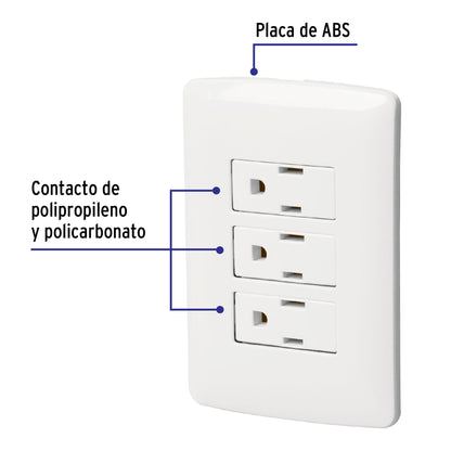 Placa armada con 3 contactos aterrizados de 127 V y 16 A con placa blanca