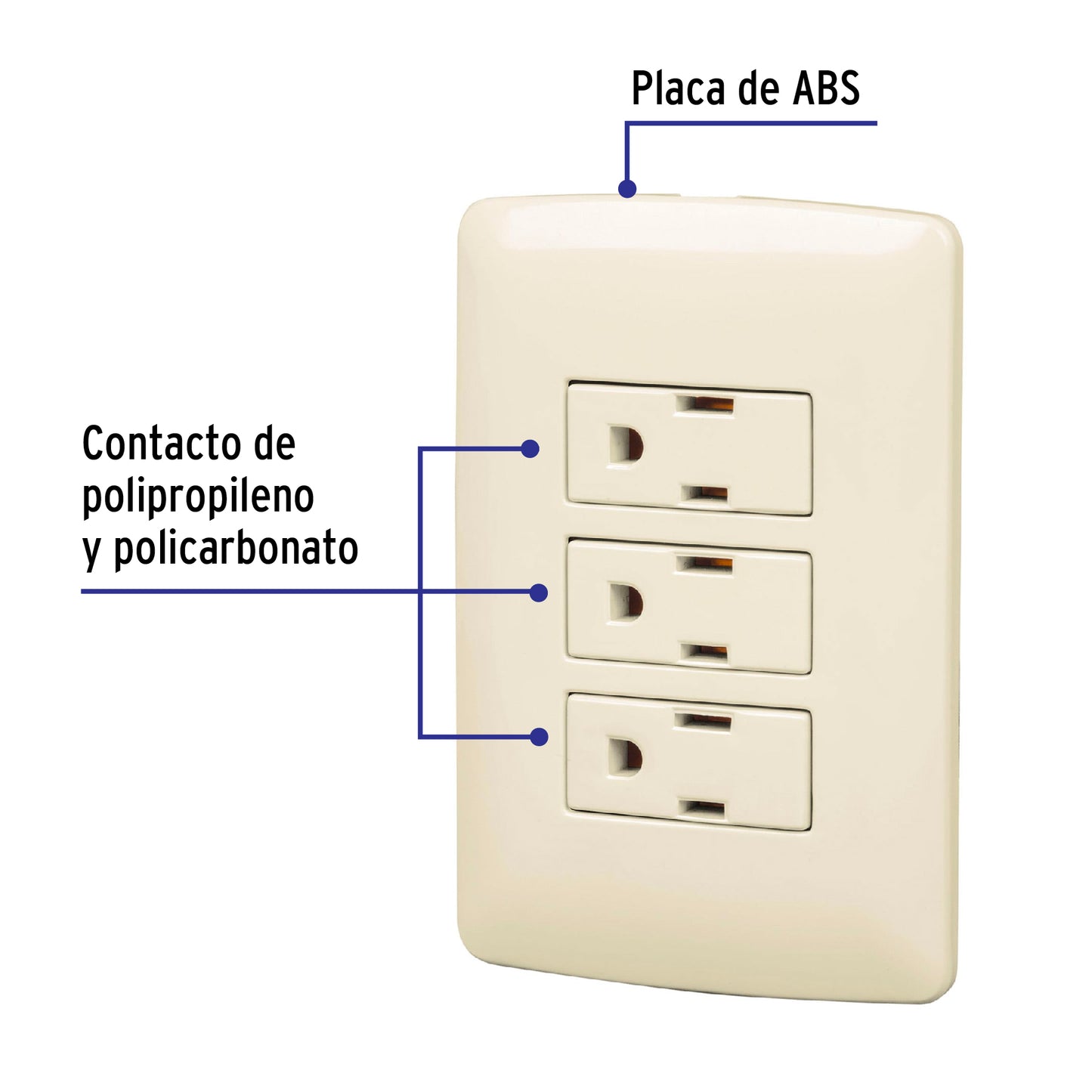 Placa armada con 3 contactos aterrizados de 127 V y 16 A con placa marfil