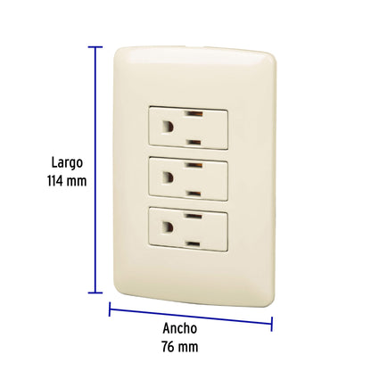 Placa armada con 3 contactos aterrizados de 127 V y 16 A con placa marfil