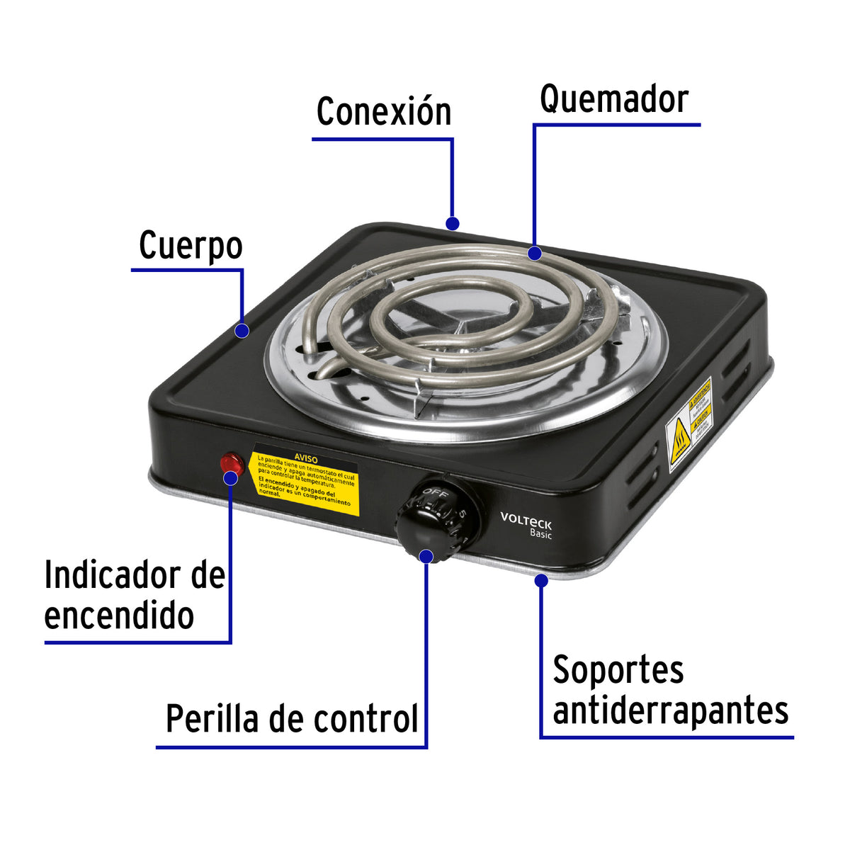 Parrilla eléctrica 1 quemador en espiral, negra, BASIC · vista 2