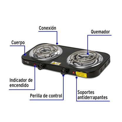 Parrilla eléctrica 2 quemadores en espiral, negra, BASIC · vista 2
