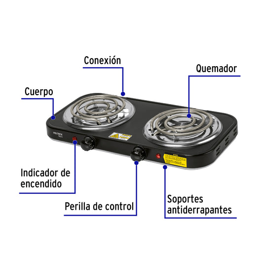 Parrilla eléctrica 2 quemadores en espiral, negra, BASIC · vista 2