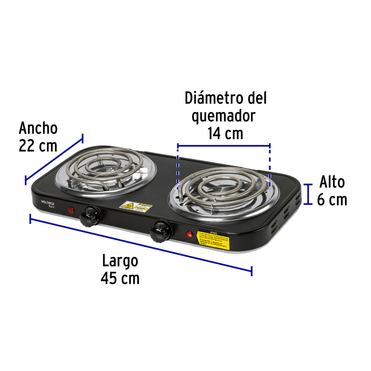 Parrilla eléctrica 2 quemadores en espiral, negra, BASIC · vista 3
