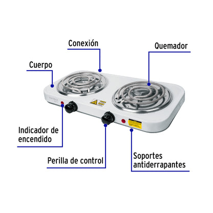 Parrilla eléctrica 2 quemadores espiral blanca