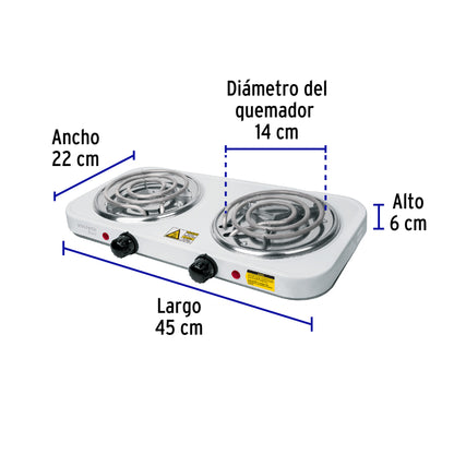 Parrilla eléctrica 2 quemadores espiral blanca