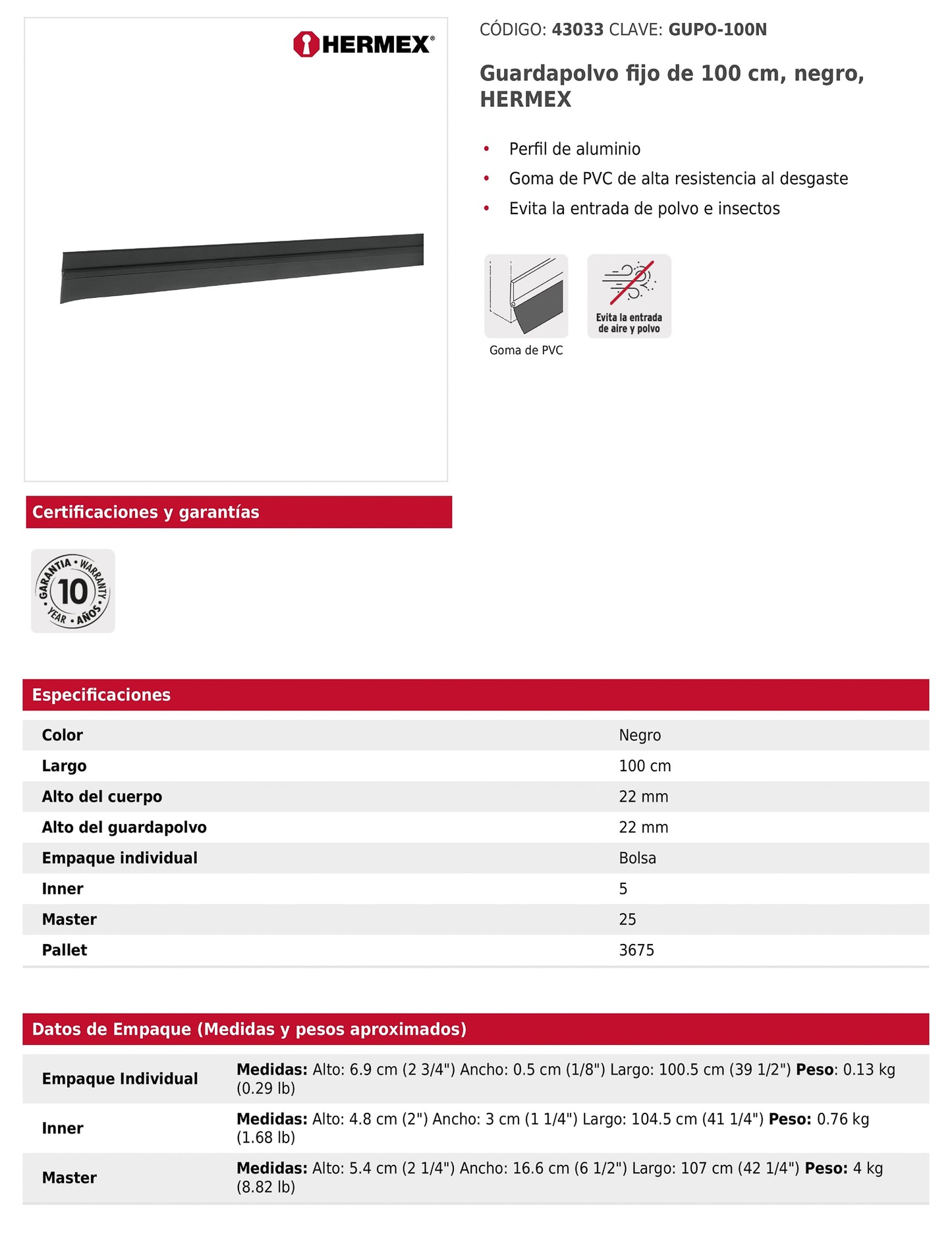 Guardapolvo fijo de 100 cm negro