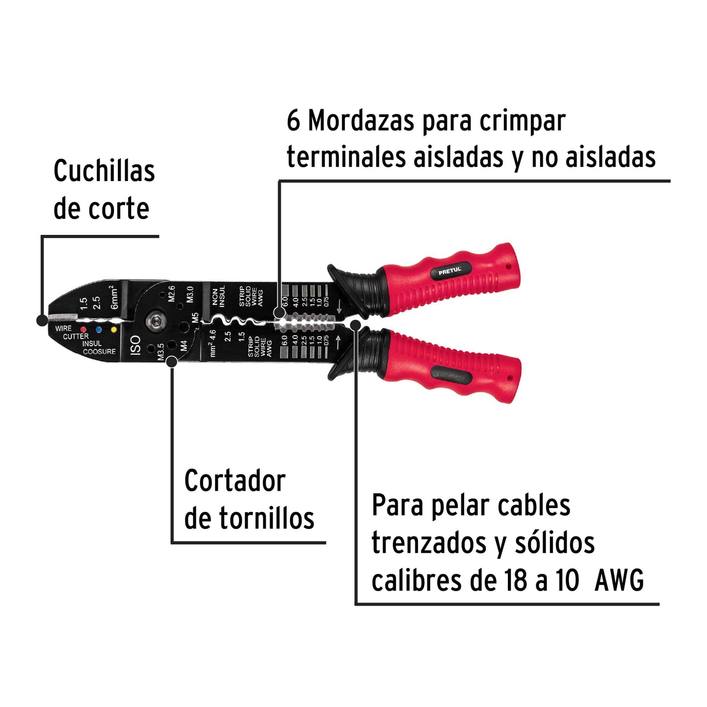Pinza para pelar cables de 9 pulgadas para cable calibre 18 a 10 AWG con función de crimpado