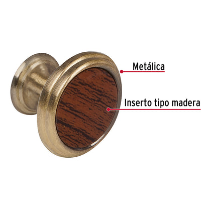 Perilla latón antiguo inserto madera