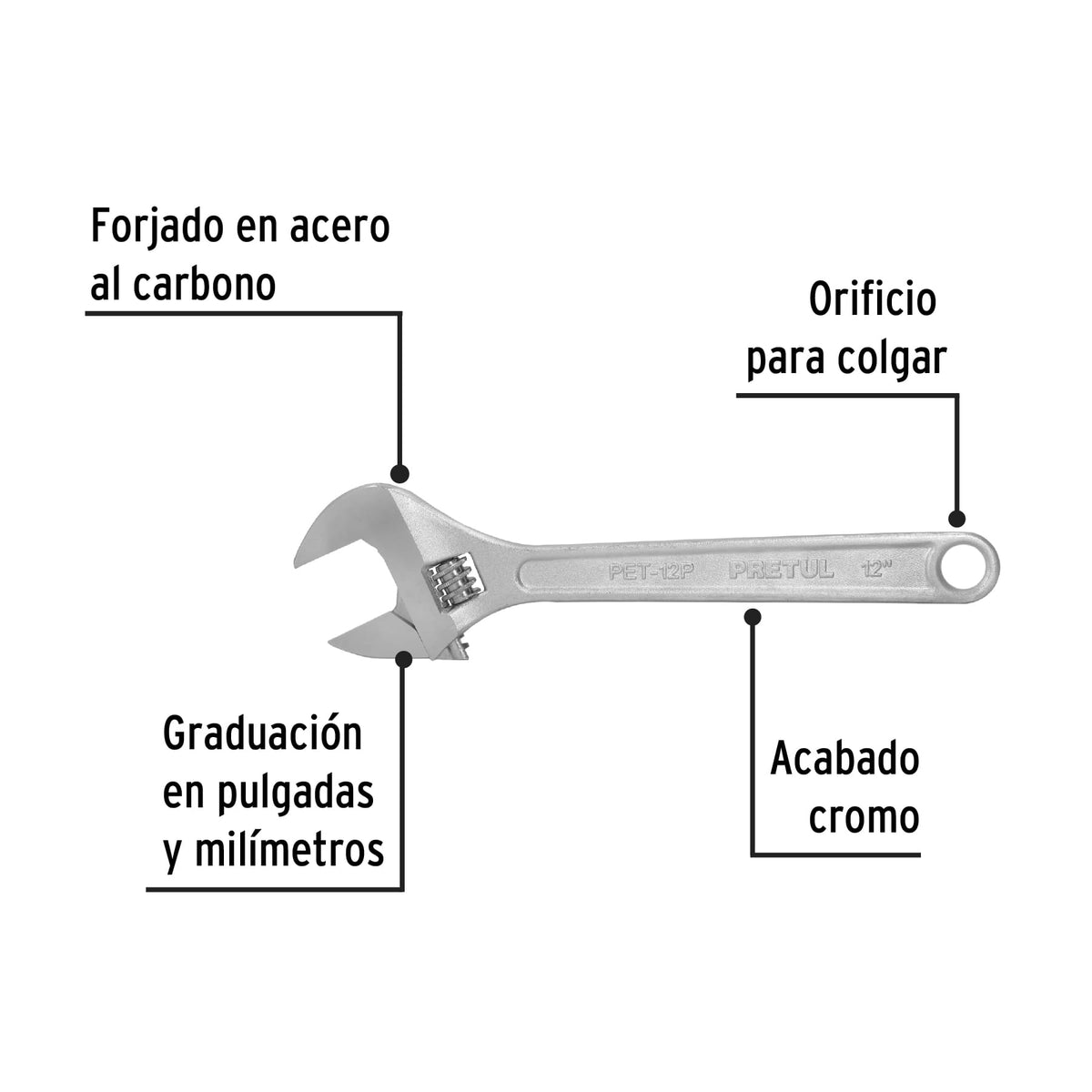 Llave ajustable (perico) 12 pulg cromada - SKU 21817