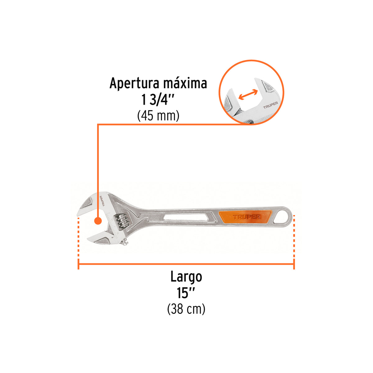 Llave ajustable (perico) 15" cromada · vista 3