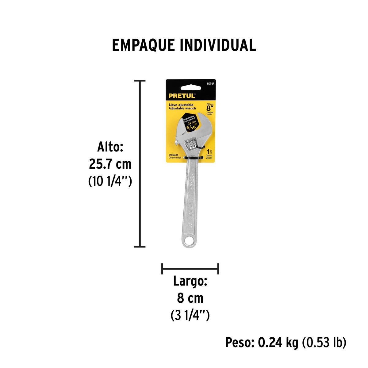 Llave ajustable (perico) 8 pulg cromada - SKU 21815