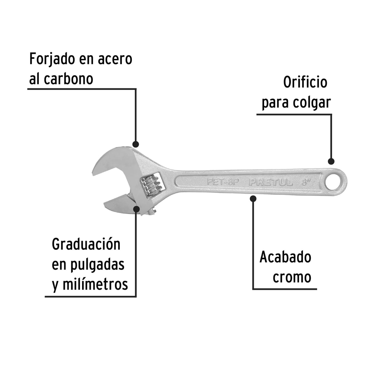 Llave ajustable (perico) 8 pulg cromada - SKU 21815