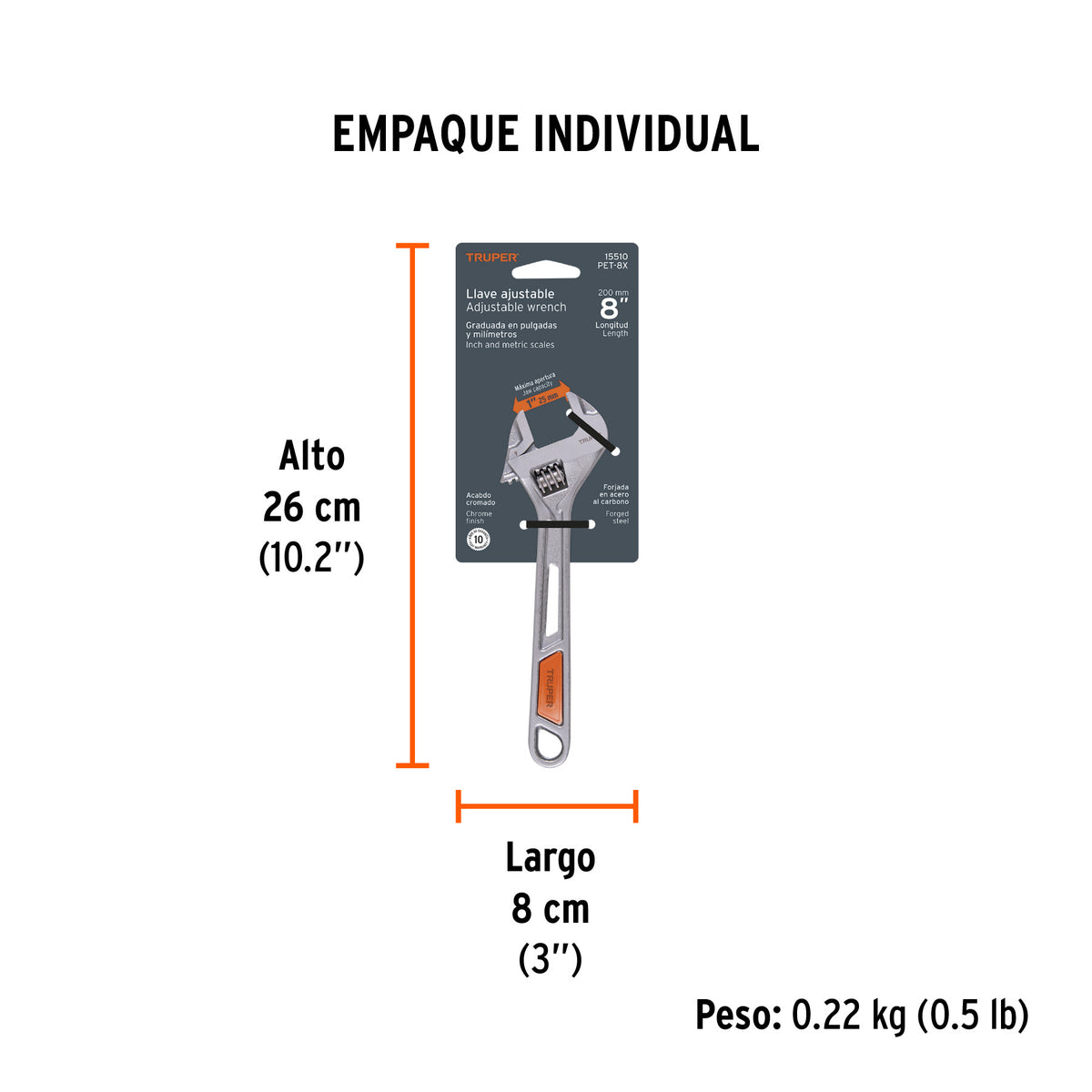 Llave ajustable (perico) 8 pulg cromada PET-8X - SKU 15510
