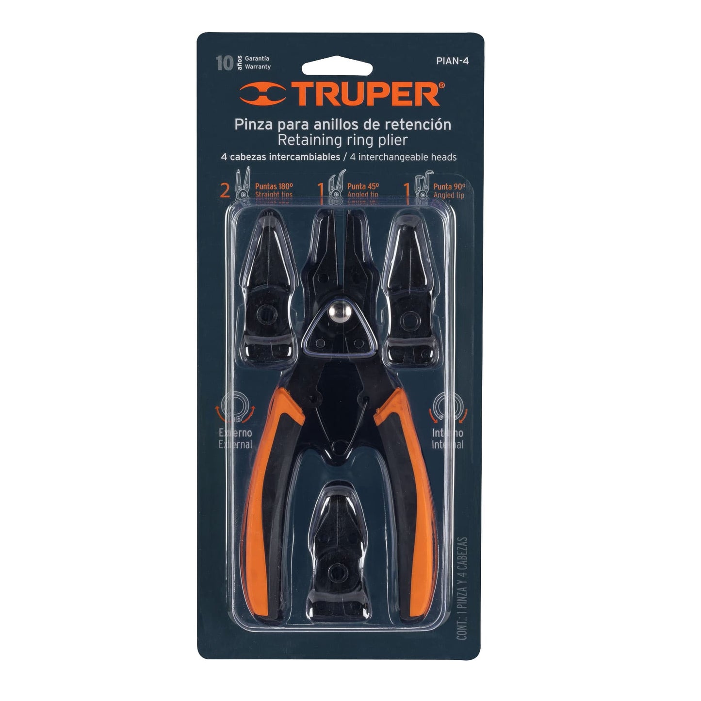Pinza para anillos de retención de 6 pulgadas con 4 cabezas intercambiables