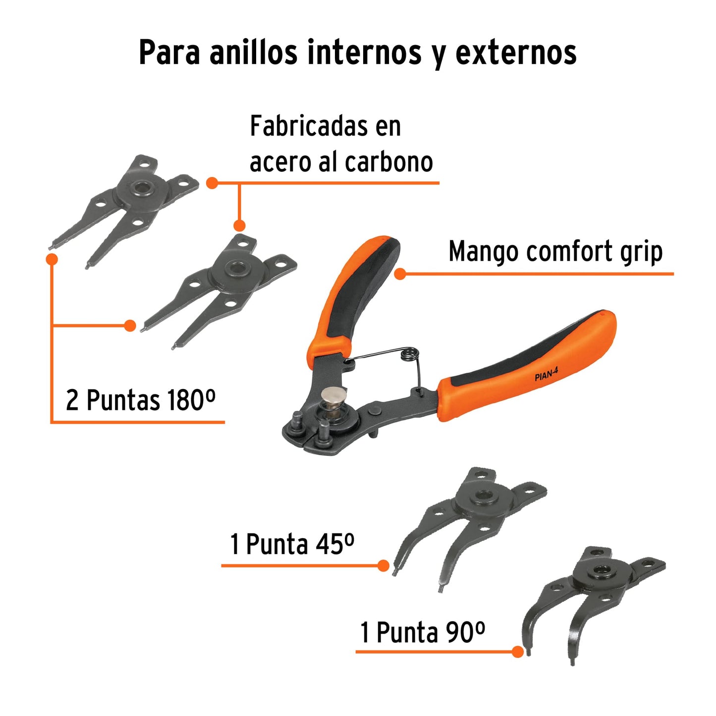 Pinza para anillos de retención de 6 pulgadas con 4 cabezas intercambiables