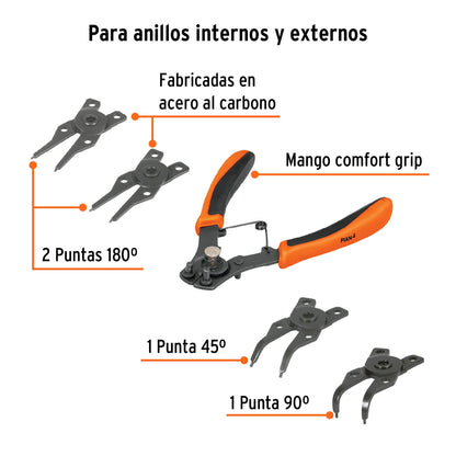 Pinza para anillos de retención de 6 pulgadas con 4 cabezas intercambiables
