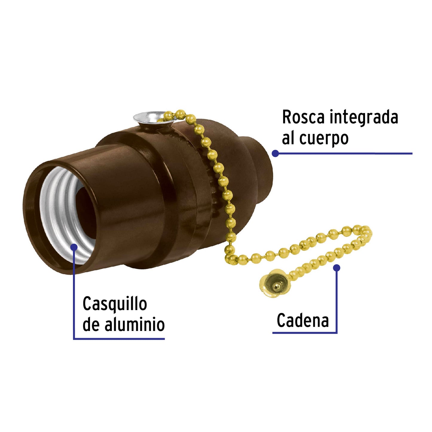 Portalámpara de baquelita con interruptor de cadena y casquillo de aluminio