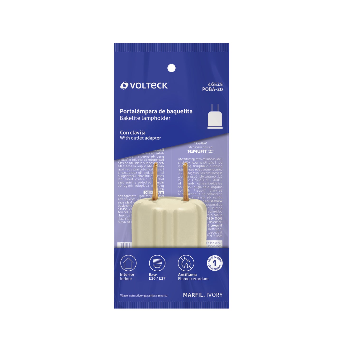 Portalámpara de baquelita con adaptador tipo clavija marfil