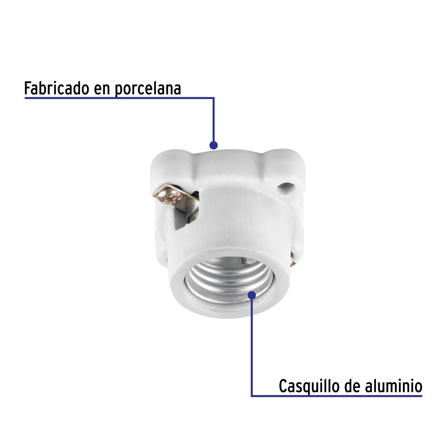 Portalámpara de porcelana cuadrado con casquillo de aluminio y base atornillable