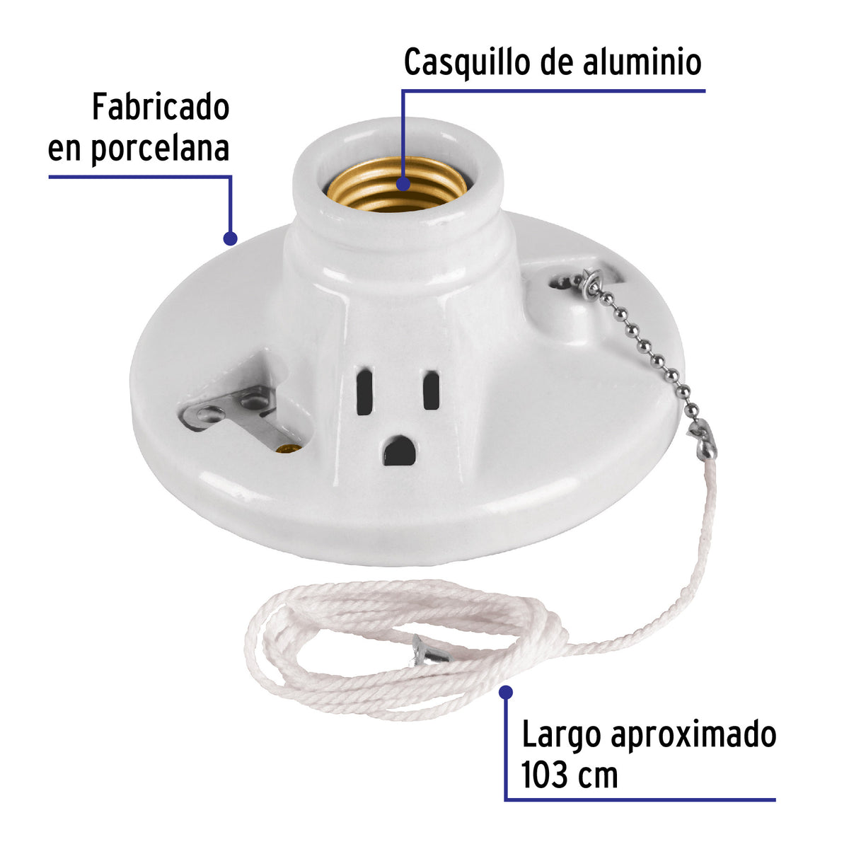 Portalámpara de porcelana con ladrón y cadena de 103 cm