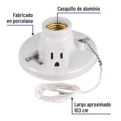 Portalámpara de porcelana con ladrón y cadena de 103 cm