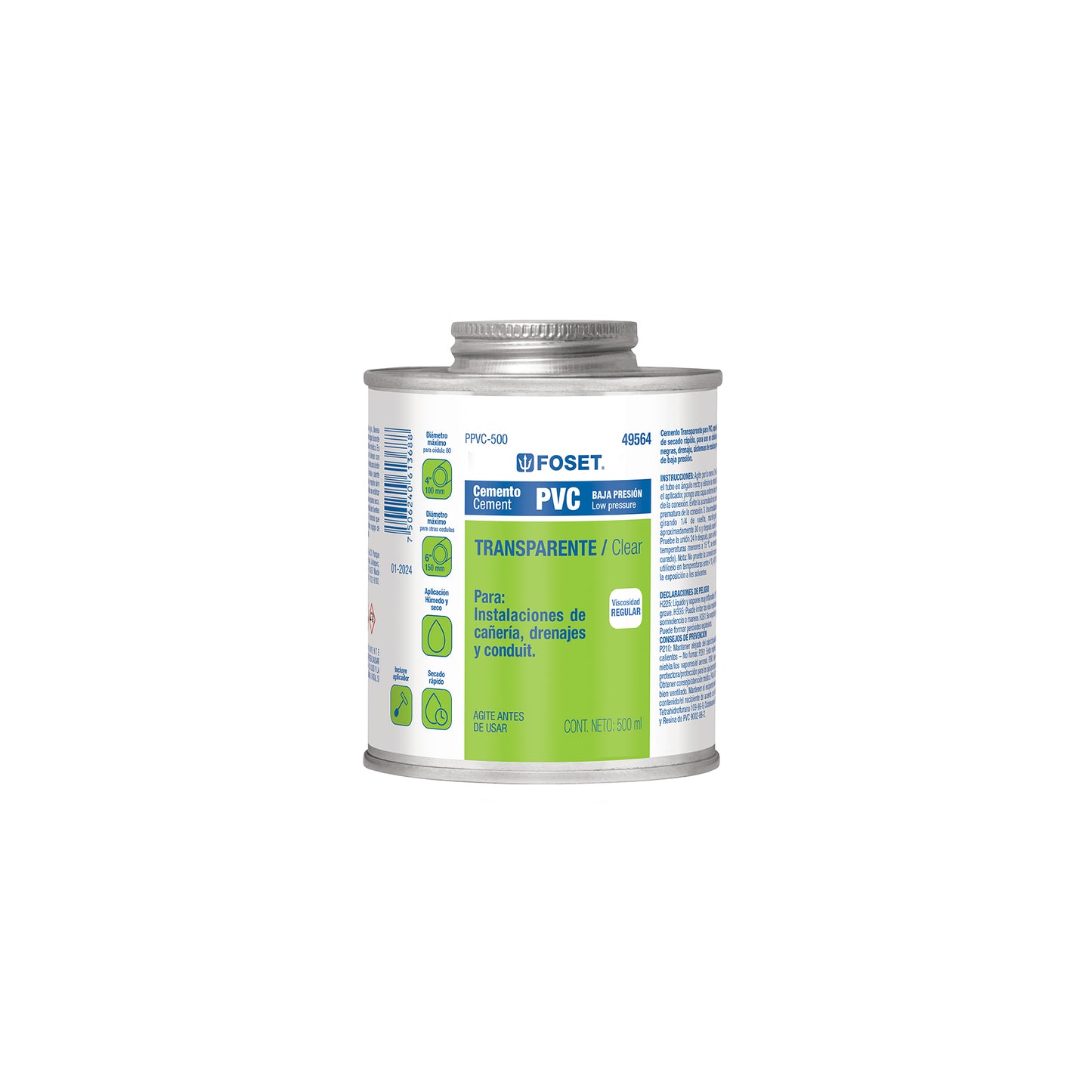 Cemento para PVC transparente de baja presión en lata de 500 ml