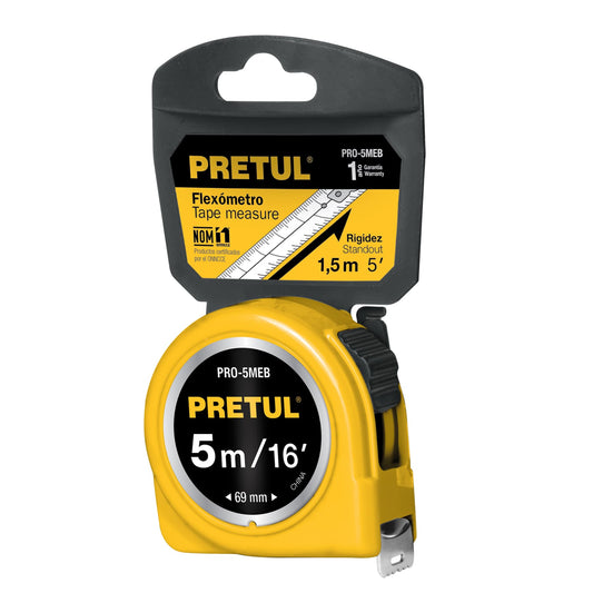 Cinta métrica amarilla de 5 m con cinta de 19 mm en tarjeta