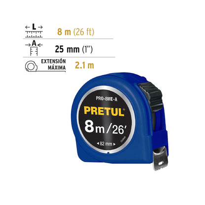 Flexómetro azul 8 m cinta 25 mm, en tarjeta · vista 3