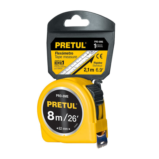 Cinta métrica amarilla de 8 m con cinta de 25 mm en tarjeta