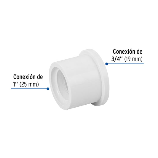 Reducción bushing de PVC cédula 40 de 1 a 3/4 pulgadas para tubería