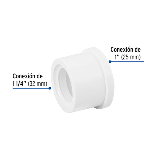 Reducción bushing de PVC cédula 40 de 1 1/4 a 1 pulgada para tubería
