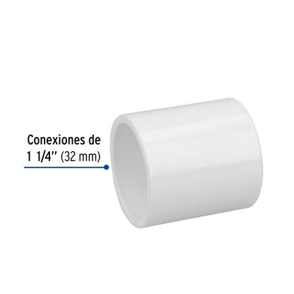 Cople de PVC cédula 40 de 1 1/4 pulgadas para tubería