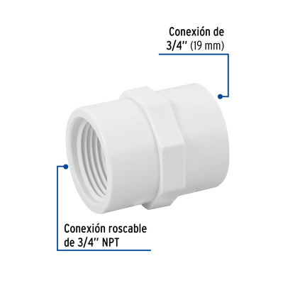 Adaptador hembra de PVC cédula 40 de 3/4 pulgada con rosca NPT