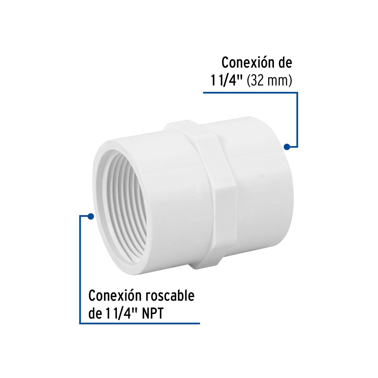 Adaptador hembra de PVC cédula 40 de 1 1/4 pulgadas con rosca NPT