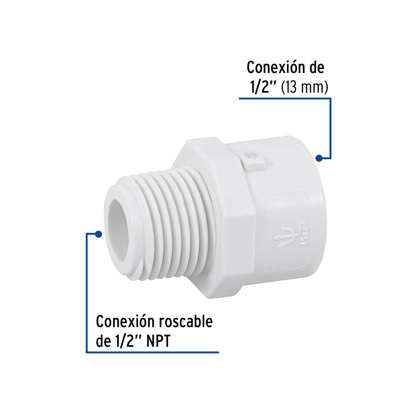 Adaptador macho de PVC cédula 40 de 1/2 pulgada con rosca NPT