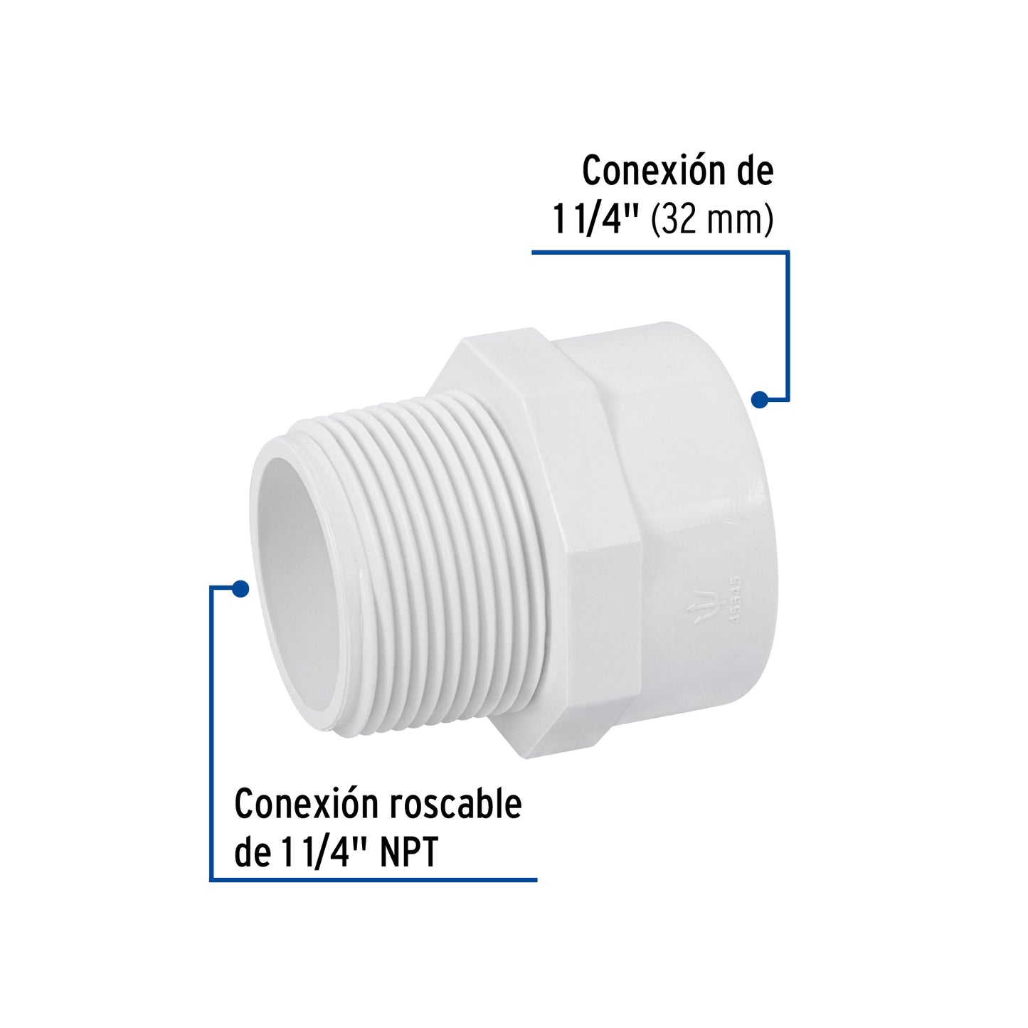 Adaptador macho de PVC cédula 40 de 1 1/4 pulgadas con rosca NPT