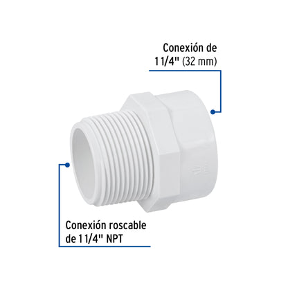 Adaptador macho de PVC cédula 40 de 1 1/4 pulgadas con rosca NPT